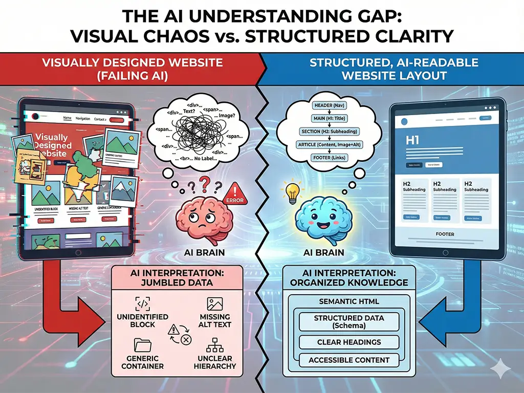 Diagram showing a visually designed website failing AI understanding compared to a structured, AI-readable website layout