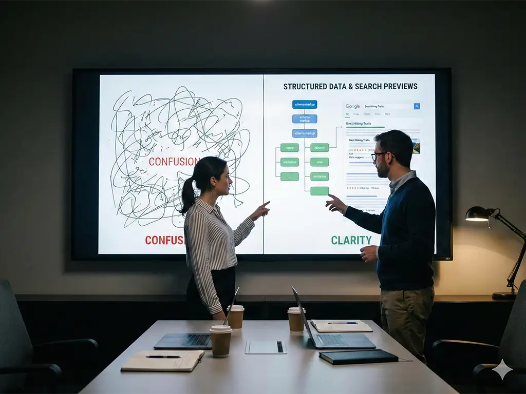 Diagram showing how schema markup helps search engines and AI systems understand and classify website content accurately